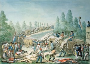 革命中の死体の輸送、1790年頃（紙にペンとインクとガッシュ）