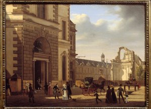 ルーヴル美術館の入り口とサンルイ・デュ・ルーヴルの遺跡。パリの風景。エティエンヌ・ブーホト（1780-1862）の絵画 作： Etienne Bouhot
