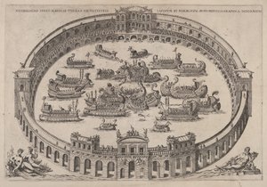 ローマのアリーナ内に設定された海軍の交戦で、テヴェレ川とニンフが下段にあります。1577〜85年。 作： Etienne Duperac
