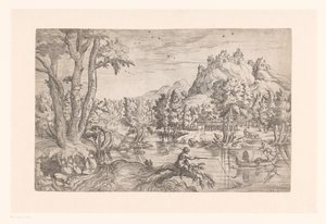 山の上に漁師と城のある風景 作： Etienne Dupérac (attributed to)