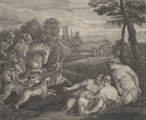 ディアナとアクテオンが牡鹿に変身。 1742年。 作： Etienne Fessard