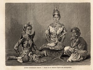 1858年から1861年にかけてシャム、カンボジア、ラオスの王国を訪れたアンリ・ムホーの旅を説明するためにE.Bocourが描いたシャムの劇画家たち。エドゥアール・シャルトン編集の「Le tour du monde」に掲載された版画 作： Etienne Gabriel Bocourt