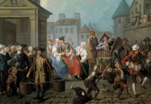 パリの街角のカーニバル 詳細エティエンヌ・ジャウラ（1699-1789）による絵画 1757年ディム。0.65 x 0.82m パリ、カルナヴァレ博物館 作： Étienne Jeaurat