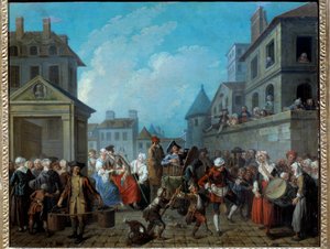 パリの街角のカーニバル エティエンヌ・ジョーラット（1699-1789）による絵画 1757年。薄さ0.65 x 0.82 m パリ、カルナヴァレ美術館 作： Étienne Jeaurat
