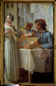 リボン・ディーラー エティエンヌ・ジョーラ（1699-1789）の絵画 18世紀薄暗い。0.81 x 0.51 m パリ、カルナヴァレ美術館 作： Étienne Jeaurat