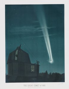 6月25〜26日の夜、午前1時30分に観測された1881年の大彗星（『トルヴェロの天文学的素描1881』より。1881年（カラーリトグラフ 作： Étienne Léopold Trouvelot