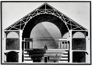 フランス王立図書館、建物の断面図。エティエンヌ・ルイ・ブーレ（Etienne-Louis Boullee）、フランスの建築家（1728～1799年）の建築。 作： Etienne Louis Boullee
