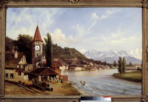 スイスのトゥーン村の眺め。 エティエンヌ・ラフォールの絵画 (1802-1895) 作： Etienne Raffort