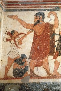 キャラクターが、戦いのレフェリーになることもあります。(紀元前530年のフレスコ画の詳細) 作： Etruscan