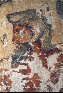 オオカミの帽子をかぶったエトルリアの死後の世界の神アイタ（エイザ）（紀元前4年、フレスコ画の細部 作： Etruscan
