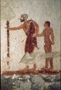 若者を連れた老人（フレスコ画、細部、紀元前530年 作： Etruscan