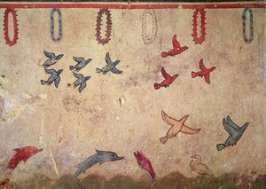 狩猟と釣りの墓からの水生鳥と跳躍イルカ、紀元前520-10年頃（壁画）