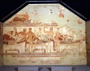 宴会のシーン。船の墓」と呼ばれるエトルリアの墓の壁に描かれたフレスコ画（デッラ・ナーヴェ）タルクィニア 紀元前470-400年 作： Etruscan