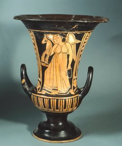 翼のある精霊を描いたバークレー画伯のカリック・クラター（大型花瓶）。赤絵の土器。エトルリア文明、紀元前4世紀。 作： Etruscan