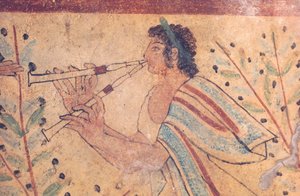 エトルリアの芸術：フルート奏者。イタリア、モンテロッツィのネクロポリスにあるヒョウの墓のフレスコ画の詳細、紀元前5世紀初頭（フレスコ画）