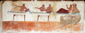 エトルリア美術：宴のシーン。海女 "の墓のフレスコ画。パエストゥムの南墓地より。紀元前480〜470年。パエストゥム国立考古学博物館蔵 作： Etruscan