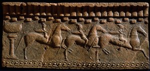 エトルリア美術：ムルロの建築アンサンブルの騎士のフリーズ装飾。紀元前6世紀。イタリア、ムルロ、市立古代博物館
