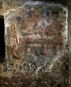 エトルリア文明。紀元前340年、「スクーディ」の墓のフレスコ画に描かれた宴席でのラース・ヴェルチャとその妻ヴェリア・セイティ。イタリア、タルキニア、ネクロポール・デ・モンテロッツィ
