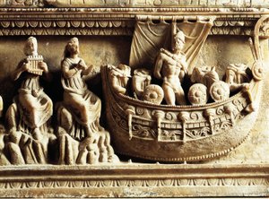エトルリア文明、アラバスター製骨壷、オデュッセウスとセイレーンを描いたレリーフの細部 作： Etruscan