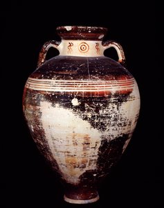 エトルリア文明：イタリア、モンテアバトーネの墓地遺跡、チェルヴェーテリのSOS型の屋根裏アンフォラ-紀元前675〜625年 作： Etruscan