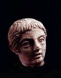 エトルリア文明：オルヴィエートのベルヴェデーレ神殿の青年の頭-紀元前5〜4世紀直径13 cm 作： Etruscan