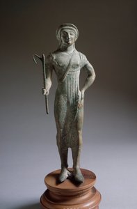エトルリア文明：「提供者の姿」ブロンズ彫刻、紀元前480年、イタリア、イーゾラディファノから27cmの薄暗い 作： Etruscan