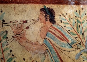 フルート奏者。豹の墓」のフレスコ画の詳細、紀元前5世紀 作： Etruscan