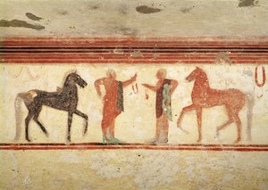 男爵の墓から、手綱を握る馬と騎手、紀元前500年頃（壁画）