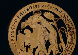 イタリア、ラツィオ州、チヴィタ・カステラーナ 抱き合う若者を描いた赤像のキルス（酒壺）に、ファリスカン語で「酒を飲もう」と刻まれている、紀元前350年頃のもの。 作： Etruscan