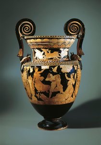 イタリア、ラツィオ州、チヴィタ・カステラーナ、ペレウスがテティスを誘拐している様子を描いた赤像のヴォリュート・クラテル（ワインと水を混ぜるための壺）、オーロラの画家によって描かれた、紀元前360/340年。