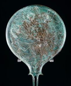 宴の場面を描いた鏡、プレネステ（ラツィオ州）のブロンズ工芸品。エトルリア文明、紀元前4世紀。