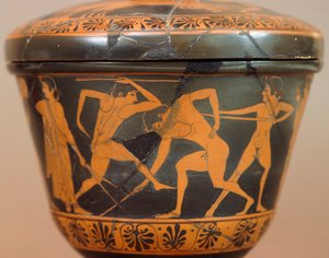 体育館でアスリートと一緒にいるPyxis。チェルヴェテリ（ラツィオ州）の赤像土器。エトルリア文明、紀元前4世紀。 作： Etruscan