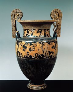 イタリア、エミリア・ロマーニャ州スピナのエトルリア・ネクロポリスから出土した赤絵陶器、カリドニアのイノシシ狩りとケンタウロスの戦いの場面を描いたアッティカのクラテル 作： Etruscan