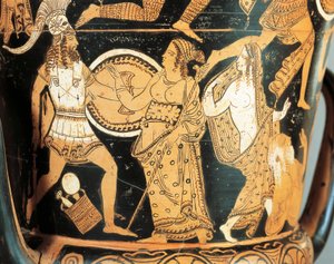 イタリア、ローマ州、古代ファレリイ、チヴィタ・カステラーナ出土の赤絵陶器、メネラウスがヘレンに近づくときにアフロディーテと向き合っている様子を描いたクラテルの細部 作： Etruscan