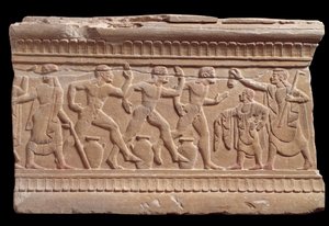 紀元前6世紀、イタリア、キウシの大理石製石碑の競技者のレリーフ 作： Etruscan
