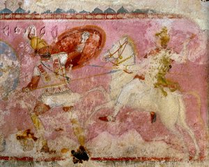 戦いの場面が描かれたアマゾネスの石棺、白色石灰岩、イタリア、ラティウム地方、タルクイニア産、詳細
