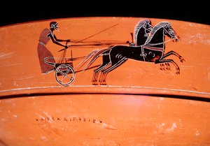 2頭の馬に引かれた戦車を表すテラコッタ製の壺の細部 紀元前4世紀 作： Etruscan