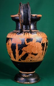 戦士とアマゾンの闘いを描いたマインツの画家によるヴォリュート・クラター。赤絵の土器。エトルリア文明、紀元前4世紀。 作： Etruscan