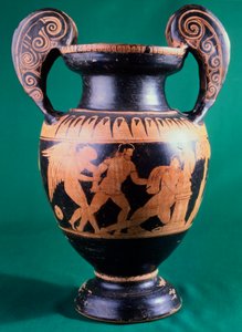 戦士とアマゾンを描いた、マインツの画家によるヴォリュート・クラター。赤絵の土器。エトルリア文明、紀元前4世紀。 作： Etruscan