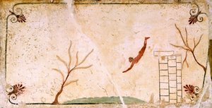 ダイバー、紀元前480-490年頃、イタリア、カンパニア州、パエストゥムのダイバーの墓の蓋板の装飾フレスコ画、紀元前5世紀