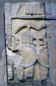 タルクィニア国立博物館の石棺に描かれたエトルリア人の戦士。 作： Etruscan Etruscan