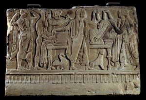 Etrusque Antiquite:葬儀用のシッペのプラーク。葬儀用ベッドでの故人の展示。パリ、ルーヴル美術館（Musee Du Louvre 作： Etruscan Etruscan