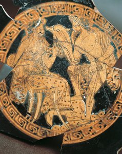 赤絵土器、ポセイドンとアンフィトリテを描いたクラテルの内部装飾、エトルリア文明 作： Etruscan Etruscan