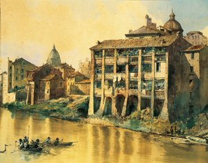 イタリア、ローマ、テベレ川沿いの古い家々、エットーレ・レスラー・フランツ作、水彩画 作： Ettore Roesler Franz