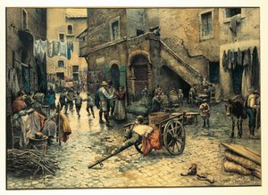 イタリア、ローマ、Ettore Roesler Franzによるローマの（ユダヤ人）ゲットーのカポッチュート通りのストリートライフ、水彩画 作： Ettore Roesler Franz