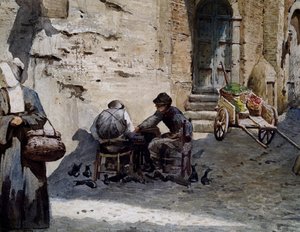 Ettore Roesler Franz (1845-1907)作「Vanished Rome」シリーズの水彩画「Lungarettaの古い中世の家々」（イタリア、Detail 作： Ettore Roesler Franz