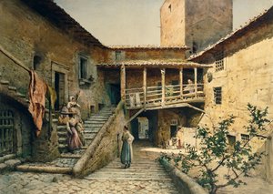Ettore Roesler Franz (1845-1907)の「消えたローマ」シリーズから、ローマのアンギラーラ宮殿の中庭。 作： Ettore Roesler Franz