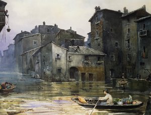 ローマで氾濫したVia della Fiumara、Ettore Roesler Franz（1845-1907）作、水彩画、イタリア 作： Ettore Roesler Franz
