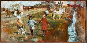 子供と犬のいる田舎の風景、川辺のロバ（油彩・キャンバス 作： Ettore Tito