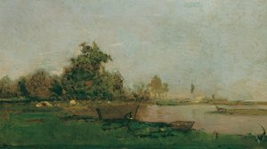 ボートのある川の風景 作： Eugen Jettel